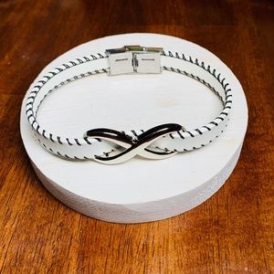 Inviting Vegan Leather White Infinity Bracelet with Black Stitching, 7.5”